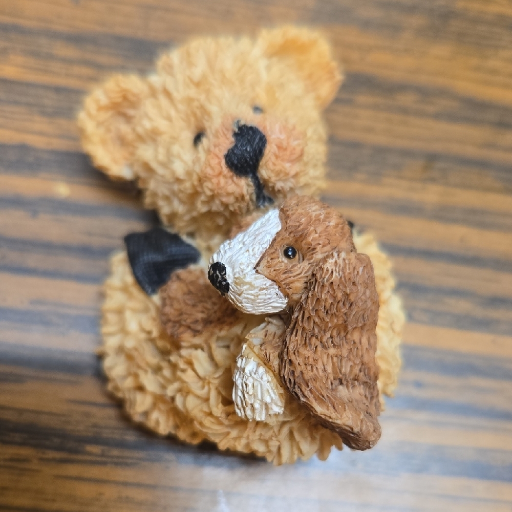 Adorable Tan and Brown Teddy Bear with Puppy Figurine
